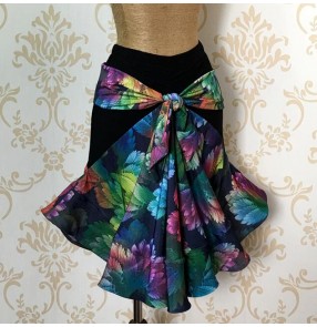 Green blue violet floral printed draw string bowknot front women's ladies female fashion competition performance flamenco latin samba salsa dance skirts 